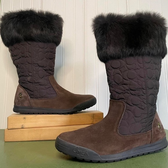 COACH Talen Genuine Rabbit Fur Cuff Quilted Boots Women's Size 6 M Brown - Picture 5 of 12